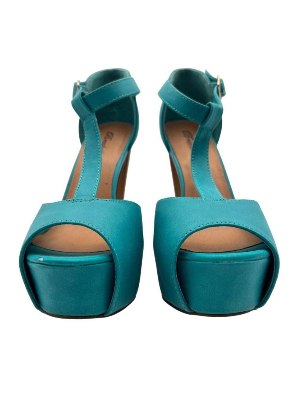 Breckelles Brina 21 Turquoise Platform Peep Toe Heels Womens Size 9 Buckle Strap - Picture 6 of 16